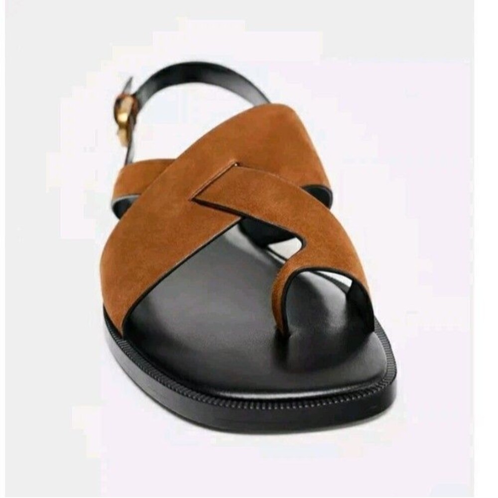 Zara Nwt Suede Leather Slide Strappy Sandals Toe Loop Metal Buckle Sz 6.5 Brown - Picture 2 of 13